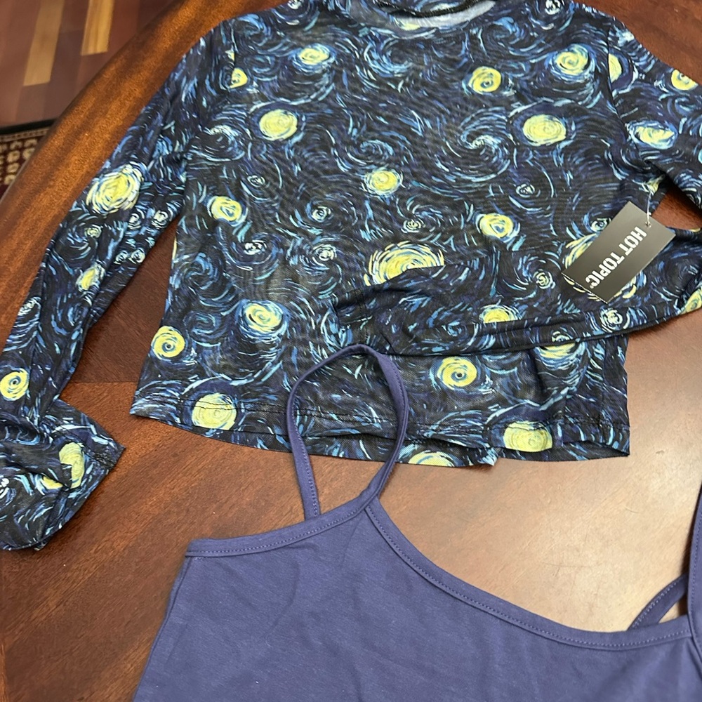 NWT Hot Topic Cosmic Aura Van Gogh Starry Night Mesh Twofer Top w/ Blue Cami XS